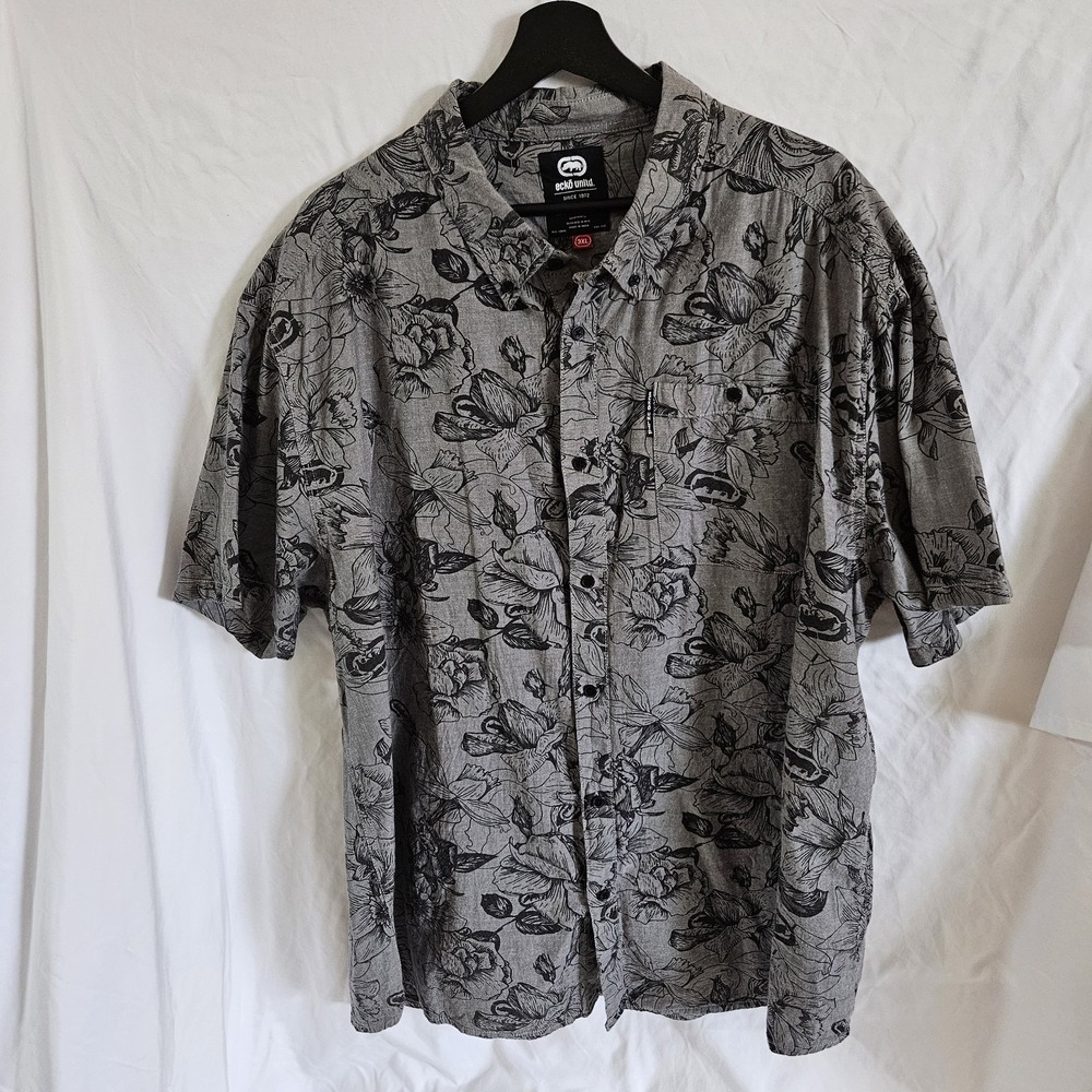 Ecko Unltd Mens 3XL Gray Black Floral Rose Line Art Short Sleeve Button...